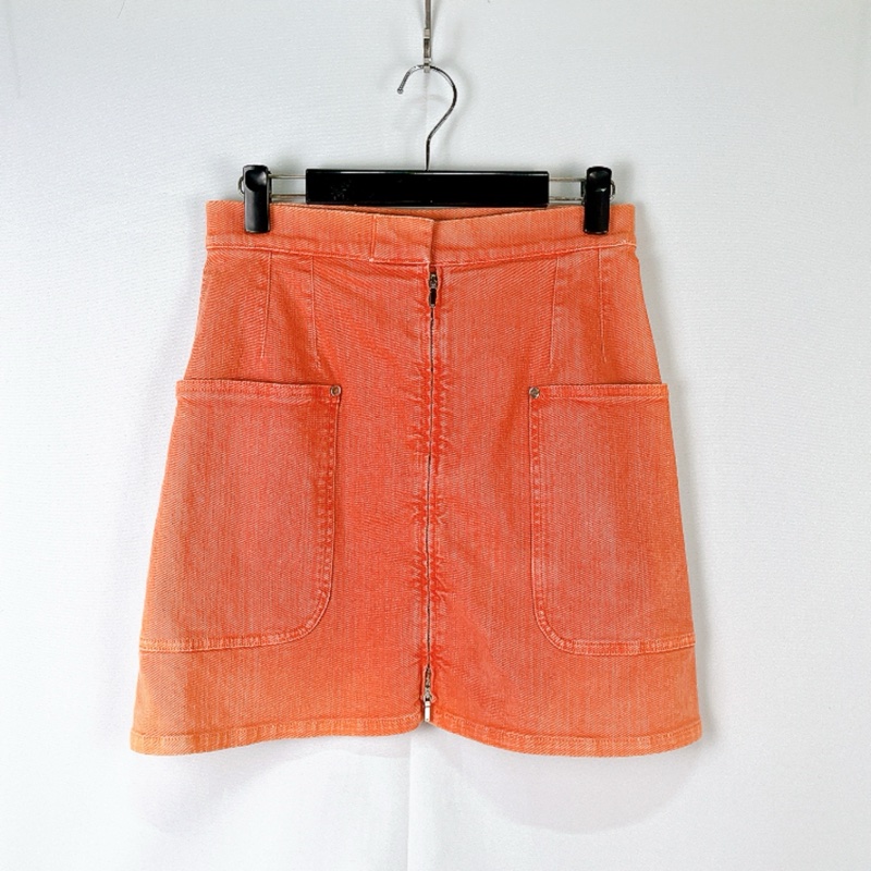 莉亞精品♡Chanel 牛仔拉鍊短裙 粉橘38 二手-1