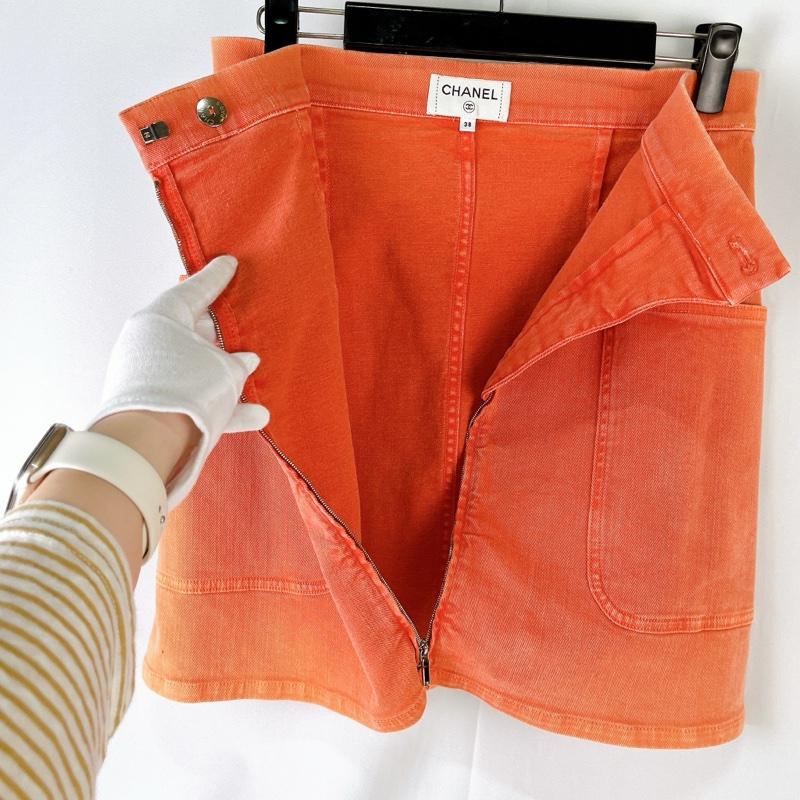 莉亞精品♡Chanel 牛仔拉鍊短裙 粉橘38 二手-3