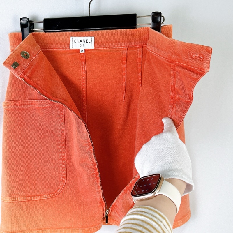 莉亞精品♡Chanel 牛仔拉鍊短裙 粉橘38 二手-4
