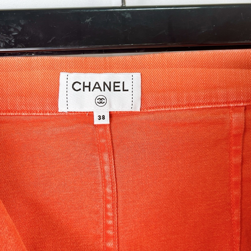 莉亞精品♡Chanel 牛仔拉鍊短裙 粉橘38 二手-5