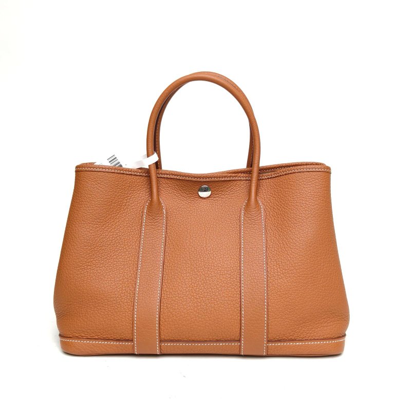 HERMES GardenParty花園包30金棕色NEGONA皮Y刻銀扣肩背包-2