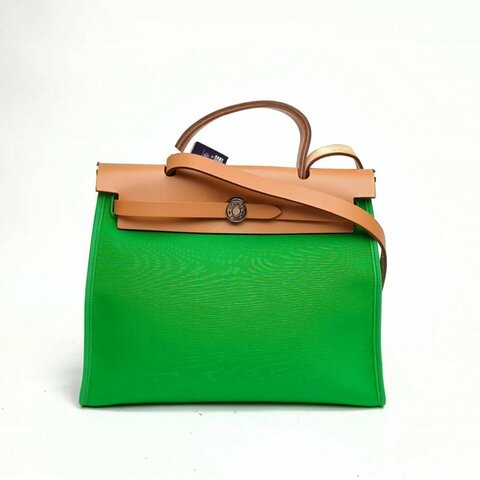 HERMES Herbag31竹子綠帆布/Hunter牛皮框R銀扣肩背包