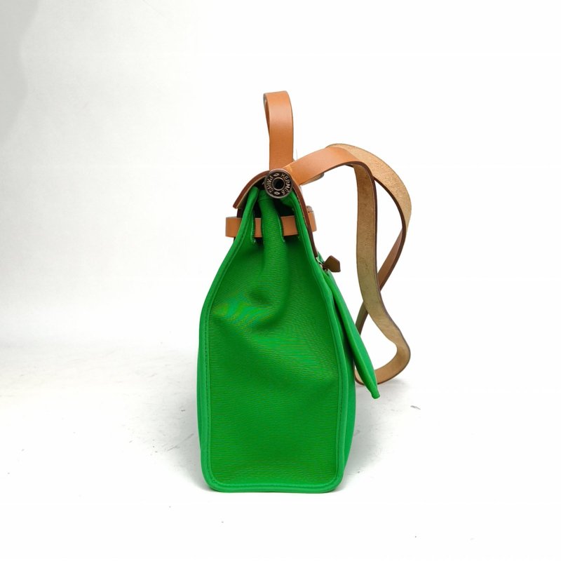 HERMES Herbag31竹子綠帆布/Hunter牛皮框R銀扣肩背包-1
