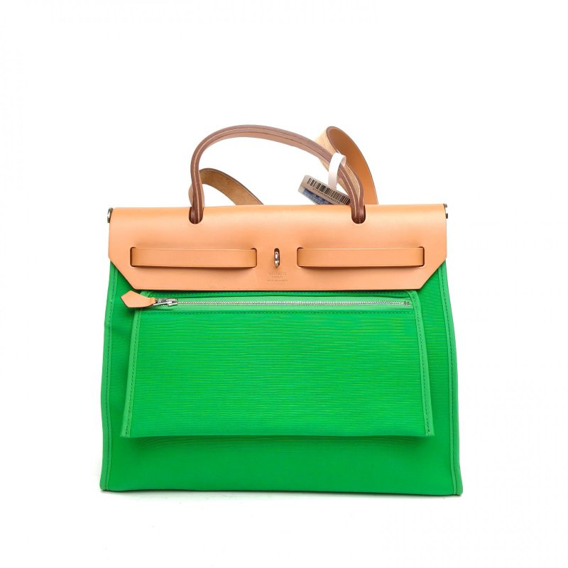 HERMES Herbag31竹子綠帆布/Hunter牛皮框R銀扣肩背包-2