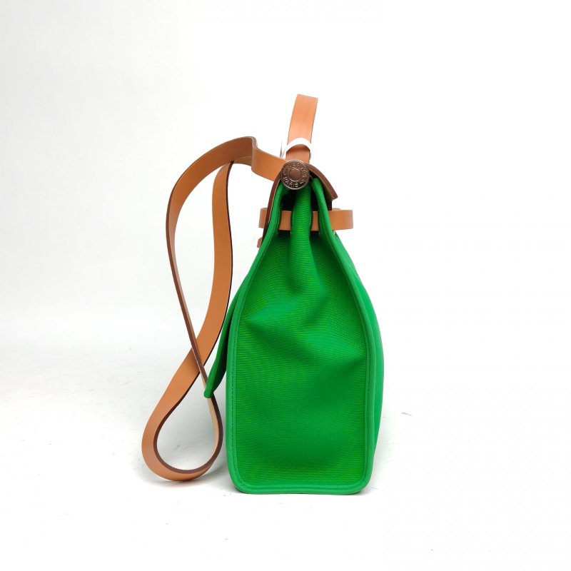 HERMES Herbag31竹子綠帆布/Hunter牛皮框R銀扣肩背包-3