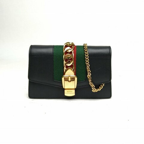 GUCCI Sylvie塞爾維亞絲帶包超Mini16.5黑色牛皮金扣肩背包