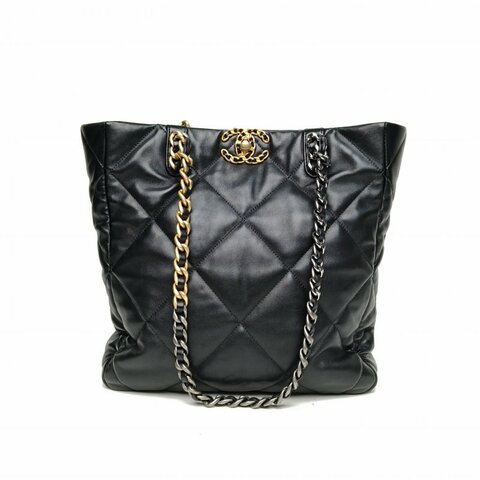 CHANEL 19BAGTote托特包黑色羊皮晶片開金銀扣菱格紋肩背包