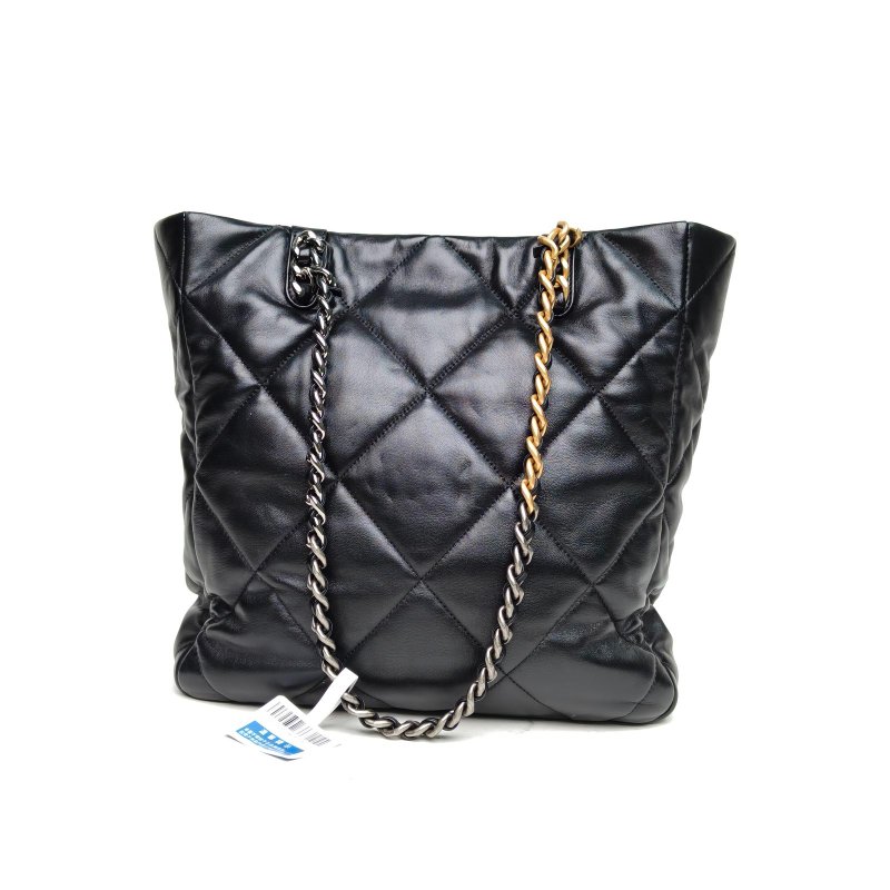 CHANEL 19BAGTote托特包黑色羊皮晶片開金銀扣菱格紋肩背包-2