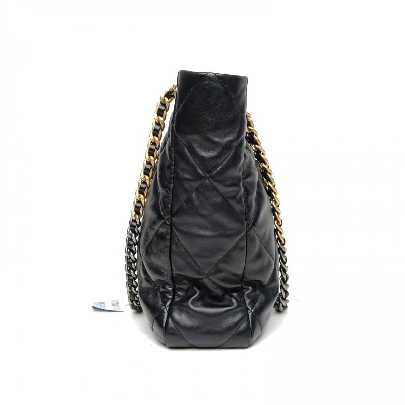 CHANEL 19BAGTote托特包黑色羊皮晶片開金銀扣菱格紋肩背包-3