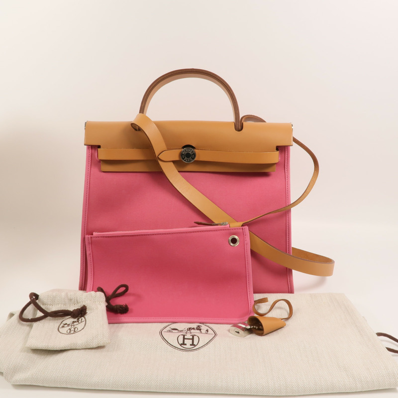 HERMES 帆布Herbag PM手挽肩背兩用袋Rose Hortensia-8
