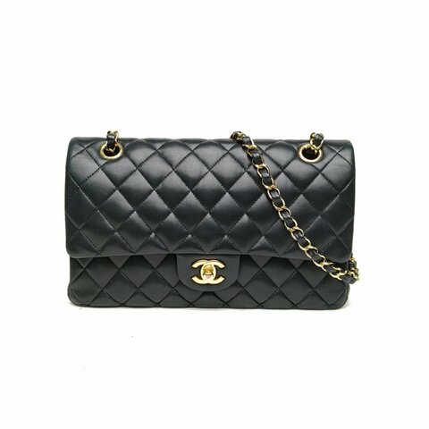 CHANEL CF口蓋包中號黑色羊皮17開金扣菱格紋肩背包