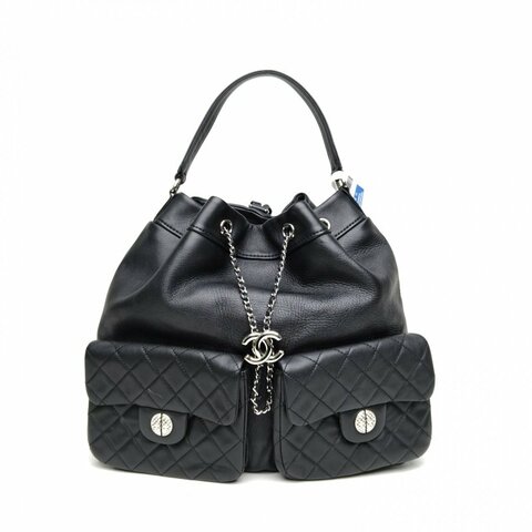 CHANEL 黑色牛皮23開銀扣雙口袋青蛙包雙肩包手提肩背包