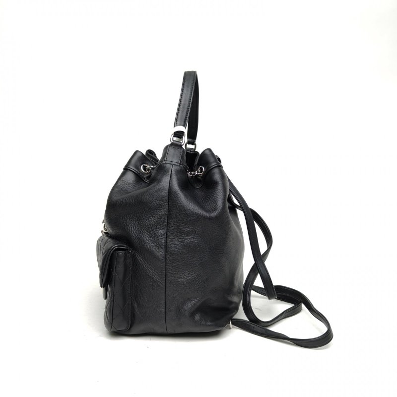 CHANEL 黑色牛皮23開銀扣雙口袋青蛙包雙肩包手提肩背包-1