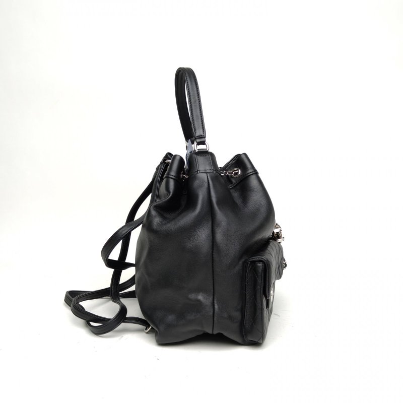 CHANEL 黑色牛皮23開銀扣雙口袋青蛙包雙肩包手提肩背包-3