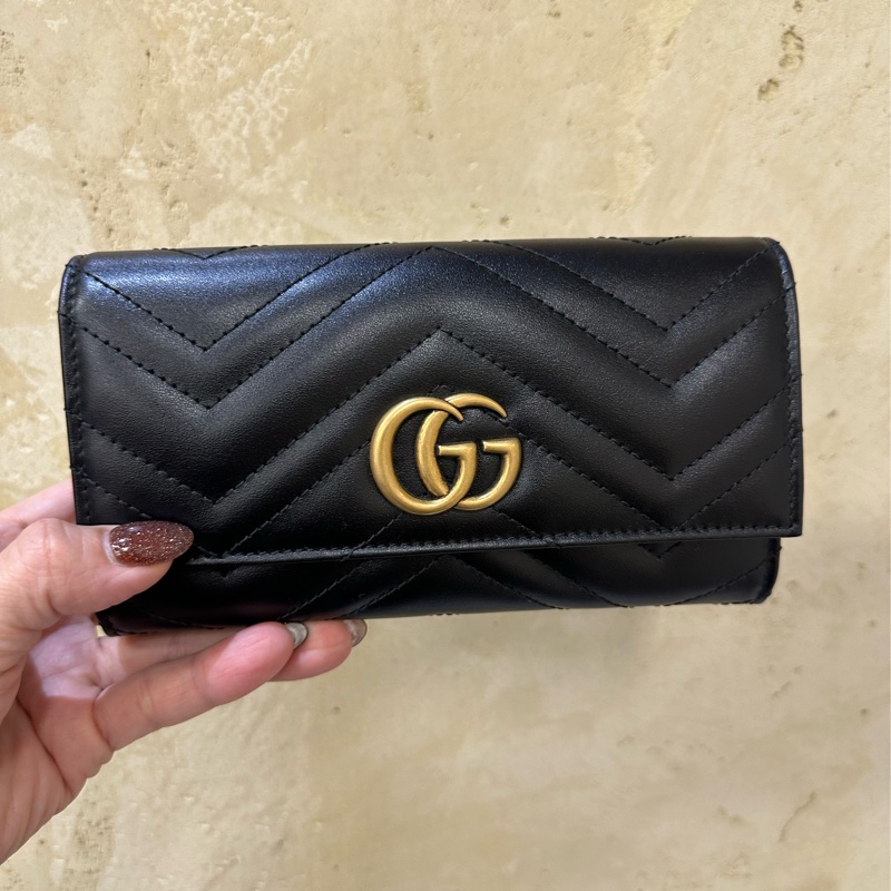 Gucci 黑牛皮山形紋霧金釦GG Marmont下蓋12卡長夾-0