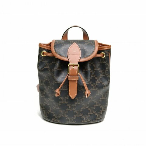 CELINE Folco抽繩雙肩包Mini迷你褐色PVC老花肩背包