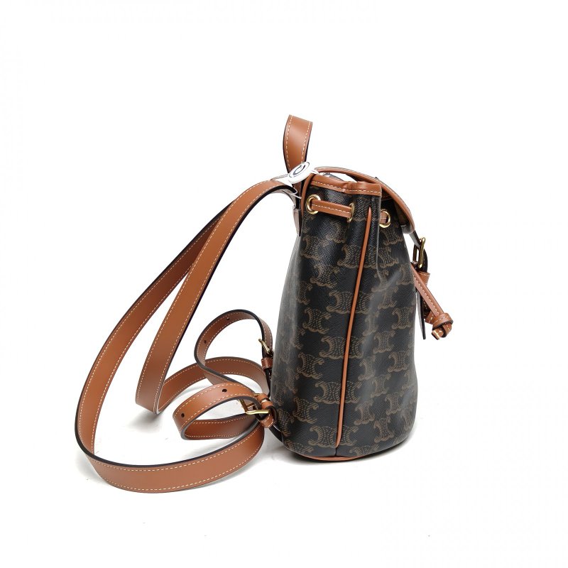 CELINE Folco抽繩雙肩包Mini迷你褐色PVC老花肩背包-3