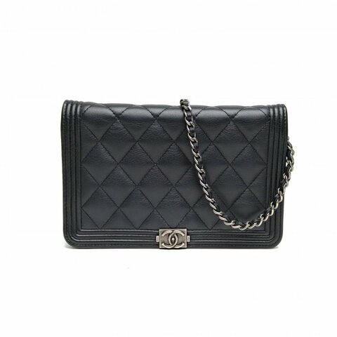 CHANEL CHANELLeboyWOC19黑色牛皮26開銀扣菱格紋肩背包