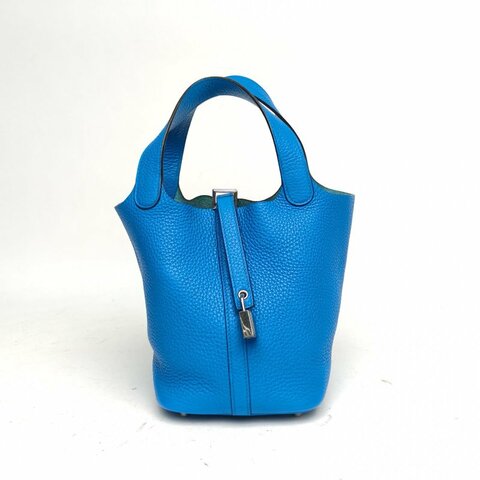 HERMES HERMESPicotin18菜籃子坦桑尼亞藍TC皮X刻銀扣肩背包