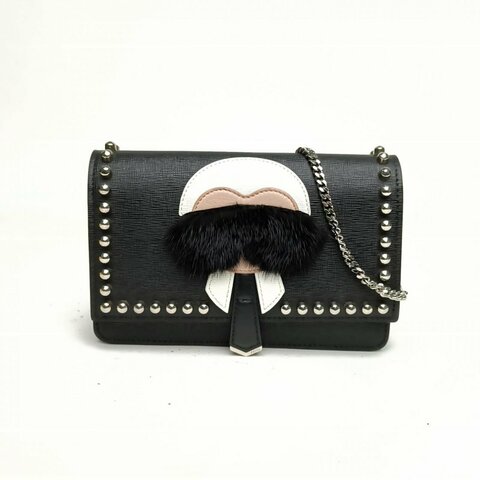 FENDI FENDIFis鏈條包WOC老佛爺黑色牛皮銀扣肩背包