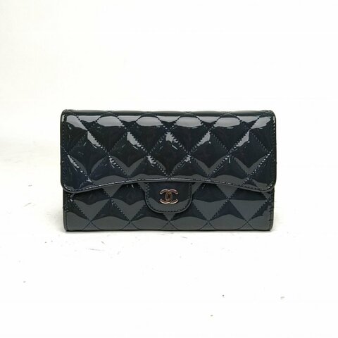 CHANEL CHANEL深灰漆皮20開銀扣CF長款三折口蓋錢包肩背包