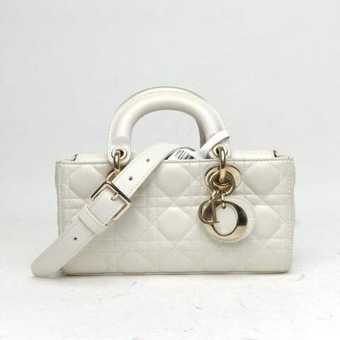 DIOR DIORLadyD-Joy橫版戴妃包小號22白色羊皮金扣肩背包