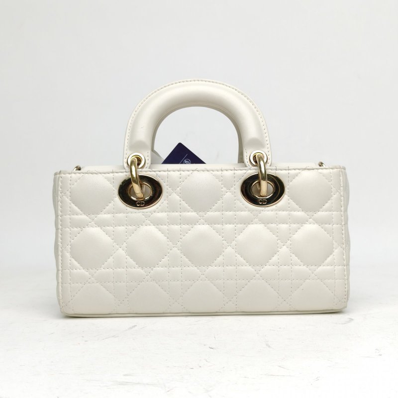DIOR DIORLadyD-Joy橫版戴妃包小號22白色羊皮金扣肩背包-2