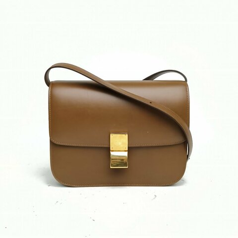 CELINE CELINEClassicBox中號棕色牛皮金扣肩背包