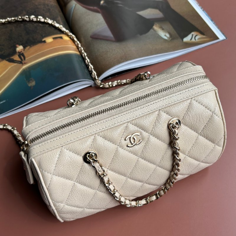 ::CHANEL:: 25P Beige Caviar Bowling Speedy Bag  荔枝紋奶茶米色保齡球袋 圓筒包 手提包 鏈包 波士頓包-0