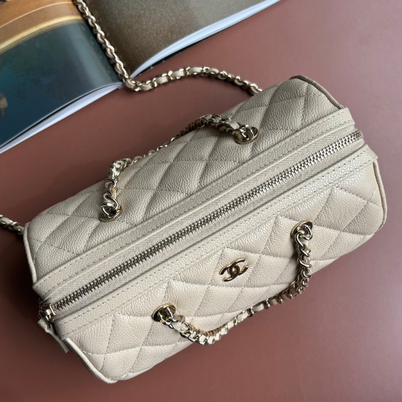 ::CHANEL:: 25P Beige Caviar Bowling Speedy Bag  荔枝紋奶茶米色保齡球袋 圓筒包 手提包 鏈包 波士頓包-1