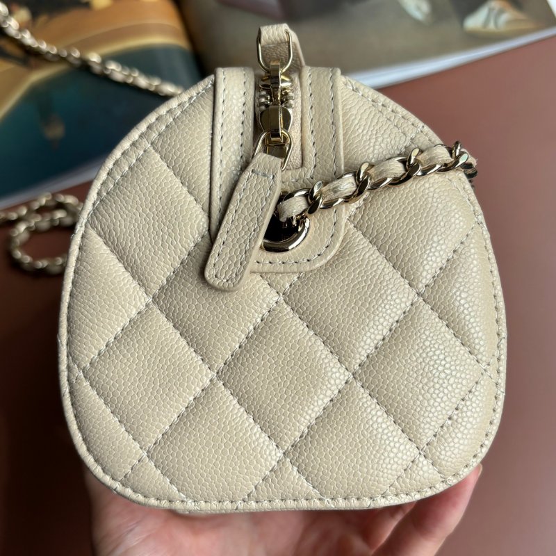 ::CHANEL:: 25P Beige Caviar Bowling Speedy Bag  荔枝紋奶茶米色保齡球袋 圓筒包 手提包 鏈包 波士頓包-4