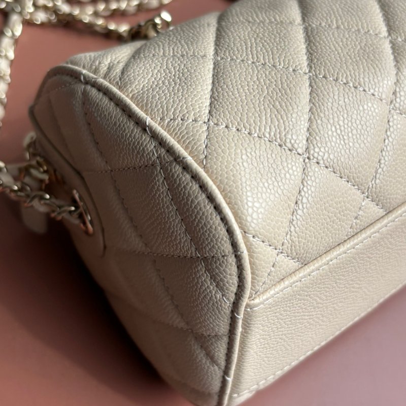 ::CHANEL:: 25P Beige Caviar Bowling Speedy Bag  荔枝紋奶茶米色保齡球袋 圓筒包 手提包 鏈包 波士頓包-9