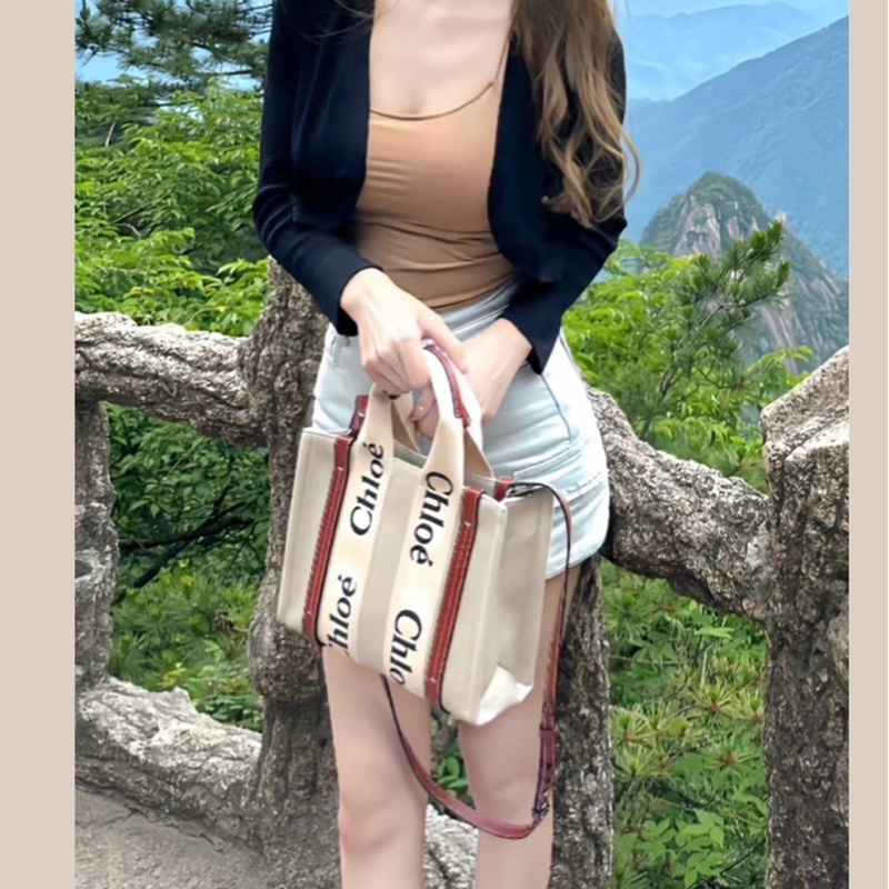 莉亞精品♡ Chloe Woody帆布包小號焦糖 二手-1