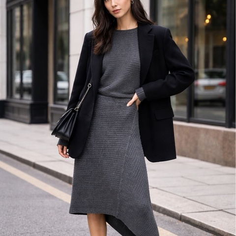 96）AllSaints 經典灰銀蔥 兩穿式不對稱羊毛混紡針織洋裝（Size: M）