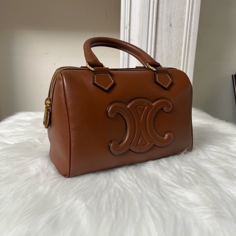 Celine光滑小牛皮皮革Boston 小號波士頓包 棕黃色