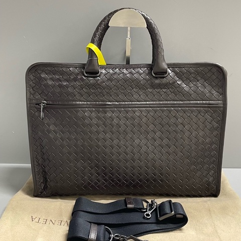 葆蝶家Bottega Veneta/BV 深棕色編織公文手提包 附件：塵袋 肩帶