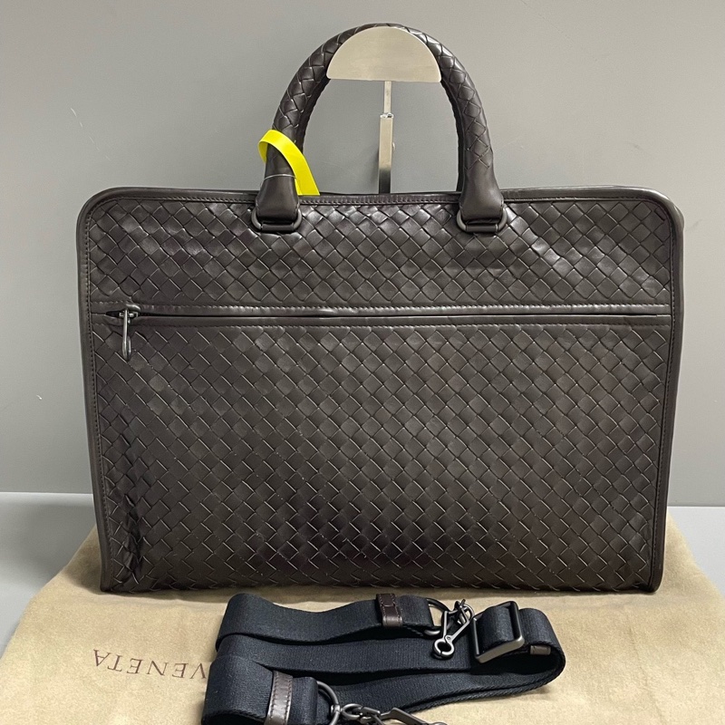葆蝶家Bottega Veneta/BV 深棕色編織公文手提包 附件:塵袋 肩帶-0