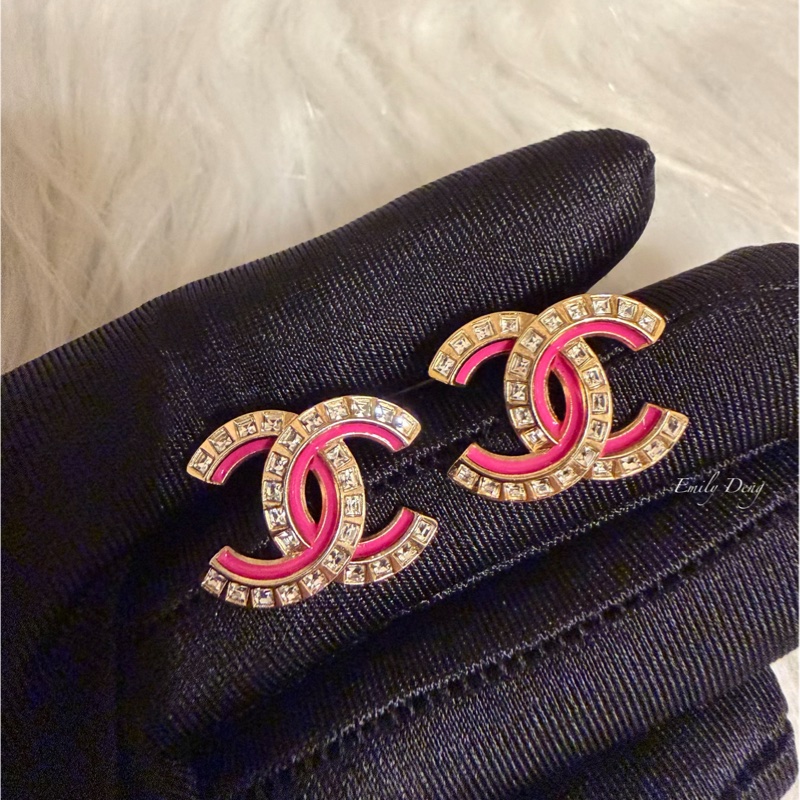 Chanel 經典雙C粉色琺瑯水鑽耳環-5
