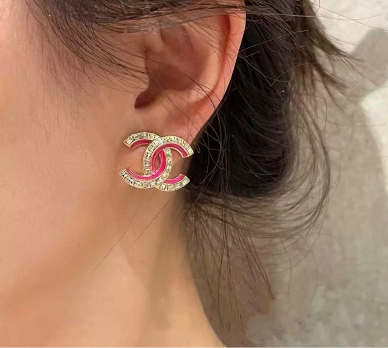 Chanel 經典雙C粉色琺瑯水鑽耳環-9