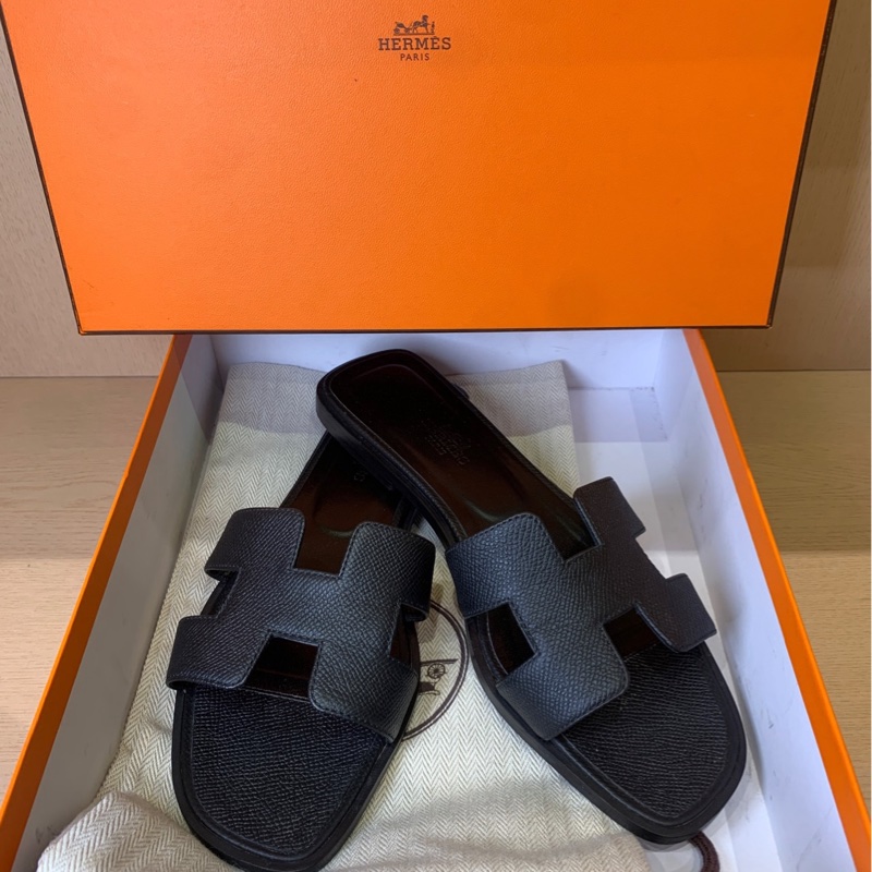 Hermès愛馬仕 經典全皮黑色平底H拖鞋 37碼-5