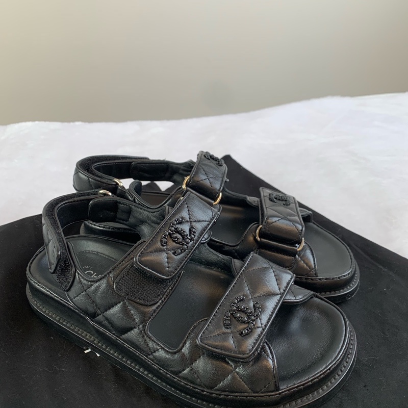 99新 CHANEL/香奈兒黑色全皮so black菱格紋 魔術貼涼鞋34.5碼-1