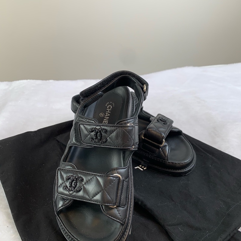 99新 CHANEL/香奈兒黑色全皮so black菱格紋 魔術貼涼鞋34.5碼-3