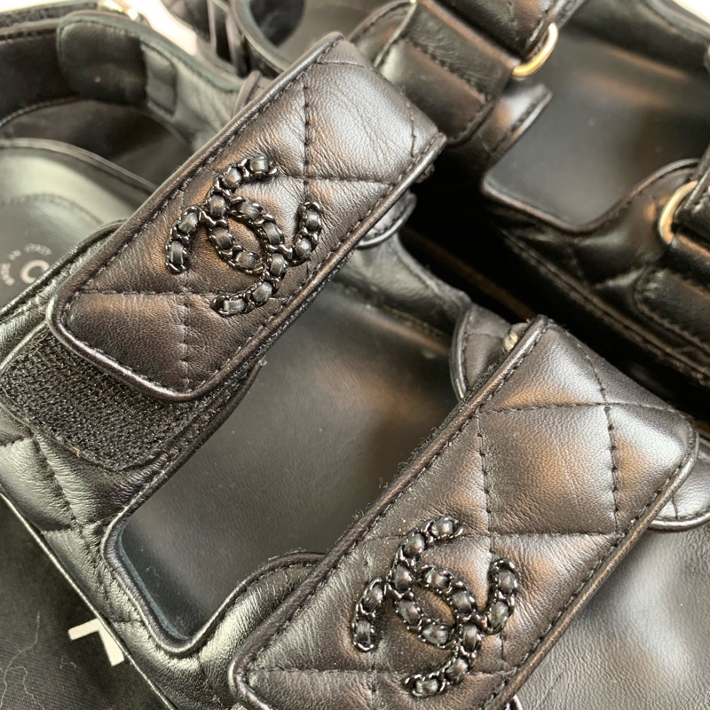 99新 CHANEL/香奈兒黑色全皮so black菱格紋 魔術貼涼鞋34.5碼-4