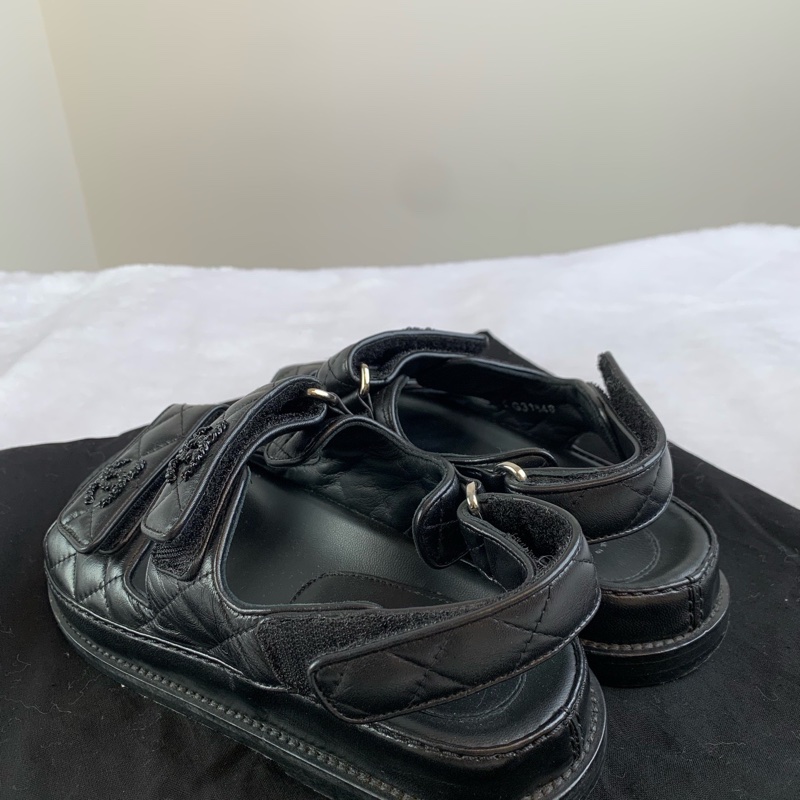 99新 CHANEL/香奈兒黑色全皮so black菱格紋 魔術貼涼鞋34.5碼-7