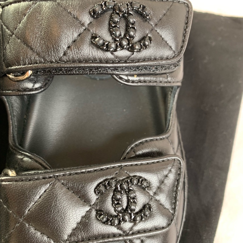 99新 CHANEL/香奈兒黑色全皮so black菱格紋 魔術貼涼鞋34.5碼-9