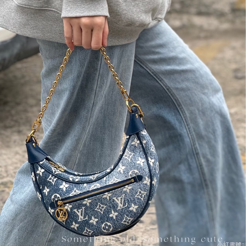質感活潑系✨99新🆕Lv路易威登牛仔丹寧老花金扣Loop豌豆包單肩斜挎鏈條包-2