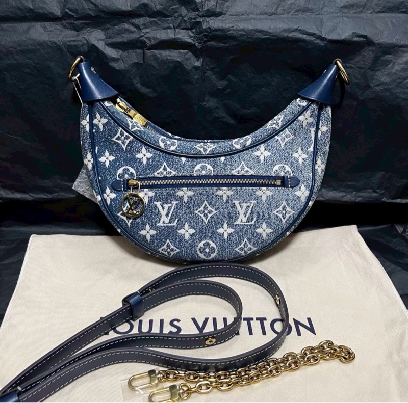 質感活潑系✨99新🆕Lv路易威登牛仔丹寧老花金扣Loop豌豆包單肩斜挎鏈條包-7