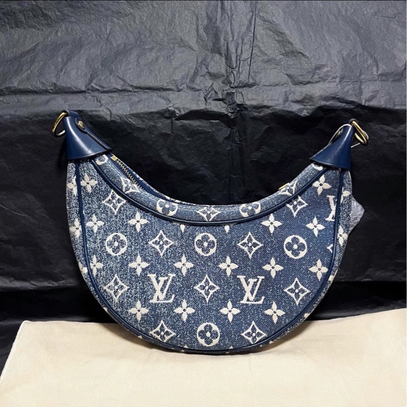 質感活潑系✨99新🆕Lv路易威登牛仔丹寧老花金扣Loop豌豆包單肩斜挎鏈條包-9
