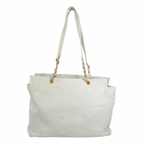香奈兒 (CHANEL) 鏈條手提包，Coco 標誌，魚子醬紋皮革，白色，女士