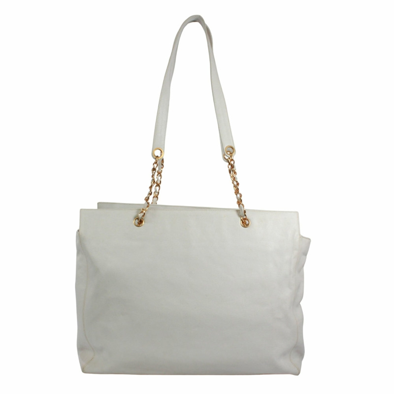 香奈兒 (CHANEL) 鏈條手提包，Coco 標誌，魚子醬紋皮革，白色，女士-2